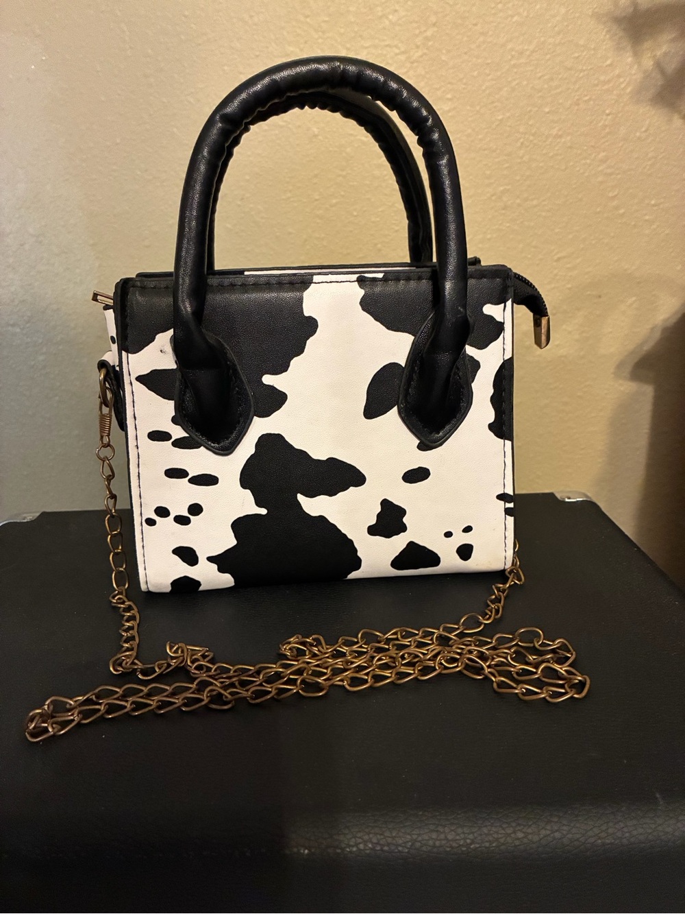 Cow-Print Mini Top-Handle Bag with Gold Chain Strap